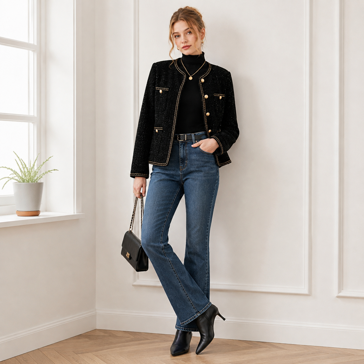 Black Wool Blend Tweed Jacket with Gold Chain Trim