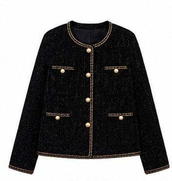 Black Wool Blend Tweed Jacket with Gold Chain Trim
