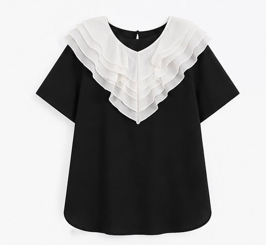 Layered Ruffle Collar Contrast Blouse