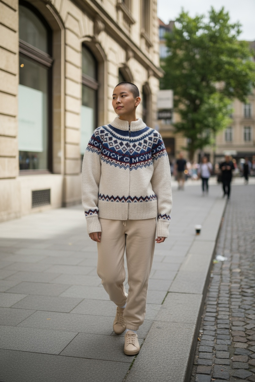 Retro Pattern Zipped Sweater