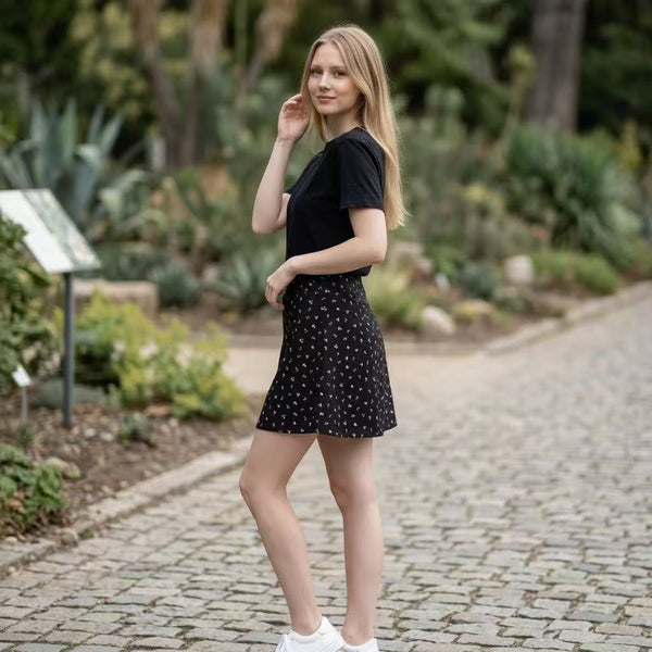 Black Ditsy Floral A-Line Mini Skirt by Joyjocey