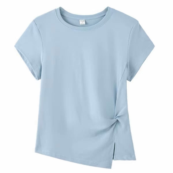 Joyjocey Classic Side-Knot Cotton T-Shirt in light blue with short sleeves, crew neck, twisted side knot and front slit.