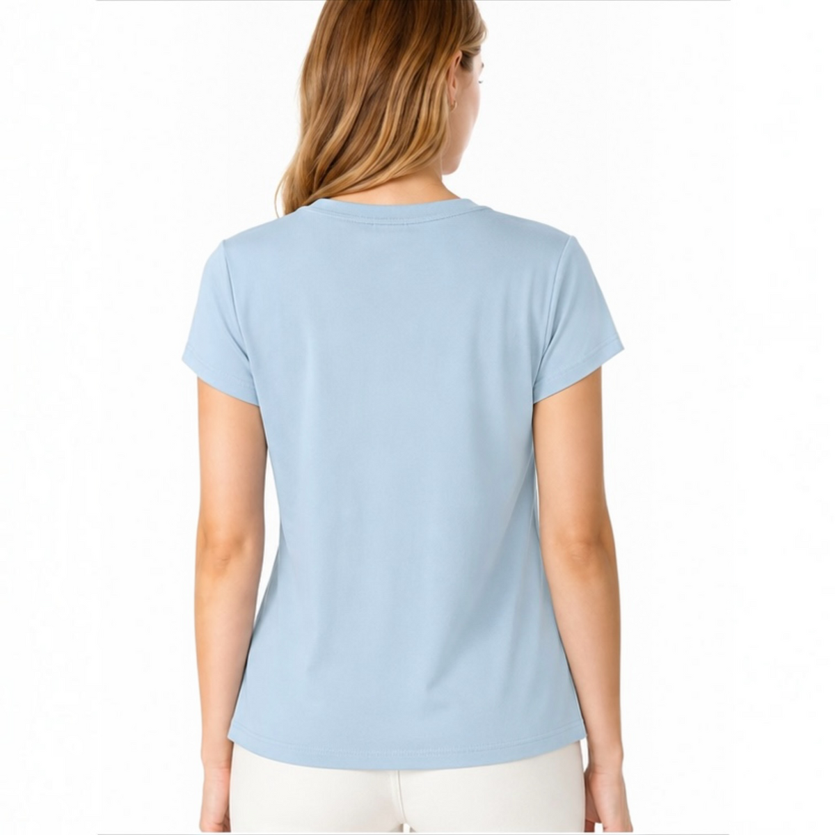 Model wearing the light blue Joyjocey Classic Side-Knot Cotton T-Shirt with white pants, back view.