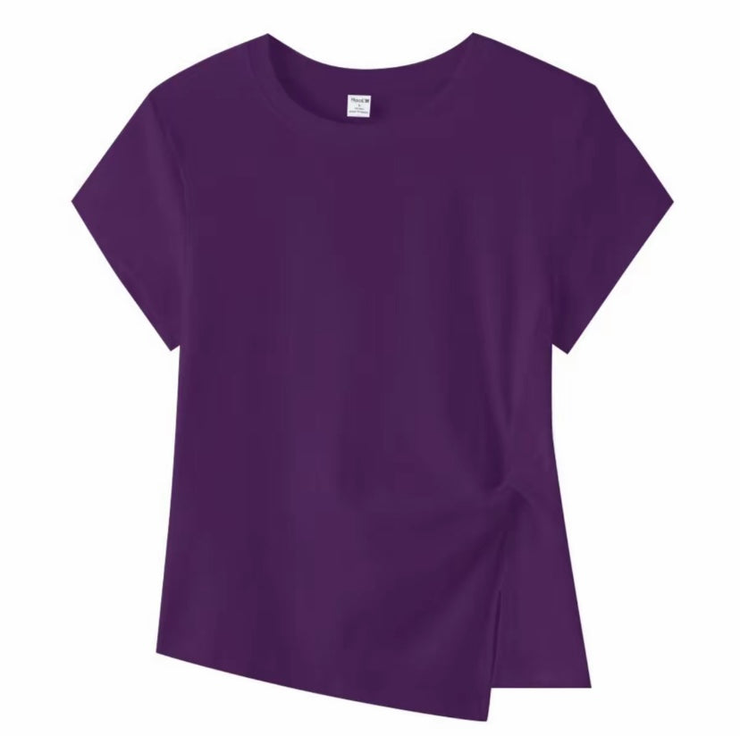 Joyjocey Classic Side-Knot Cotton T-Shirt in purple with short sleeves and an asymmetrical hem.