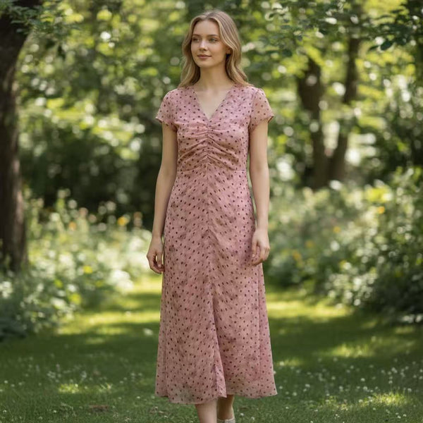Pink Polka Dot Ruched Midi Dress by Joyjocey - view 1 of 4