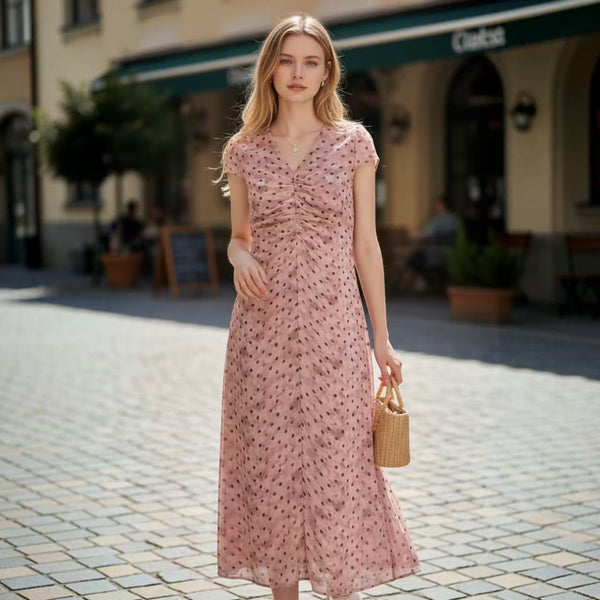 Pink Polka Dot Ruched Midi Dress by Joyjocey - view 2 of 4
