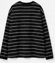 Back view of the black Joyjocey Relaxed Striped Long-Sleeve Top with thin white horizontal stripes.
