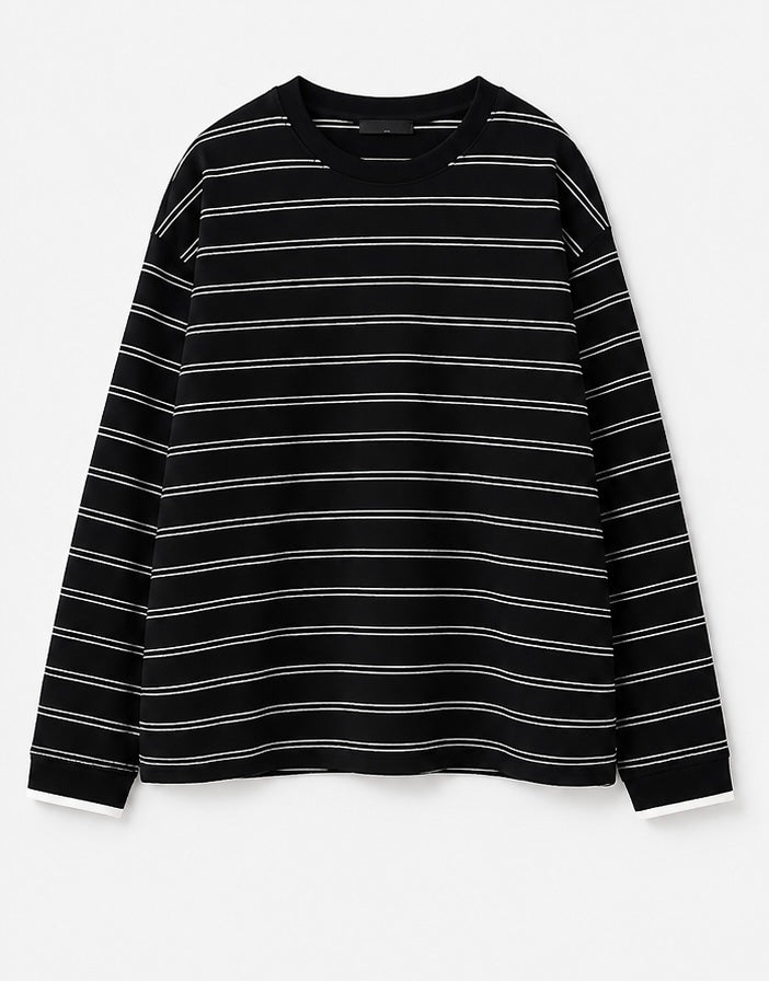 Joyjocey Relaxed Striped Long-Sleeve Top in black with thin white horizontal stripes, product front view.