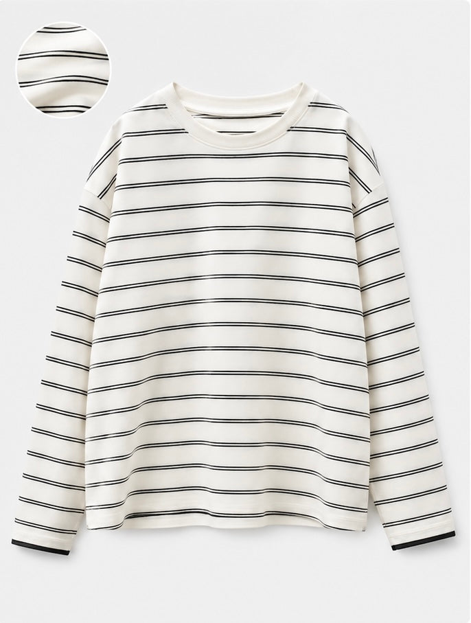 Joyjocey Relaxed Striped Long-Sleeve Top in white with thin black horizontal stripes, product front view.