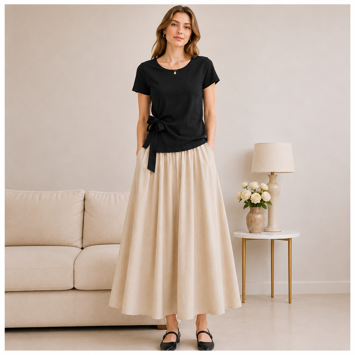 Model wearing the black Joyjocey Side-Tie Cotton Top with a cream maxi skirt, front view.