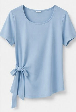 Joyjocey Side-Tie Cotton Top in light blue with short sleeves and an adjustable waist tie, product front view.