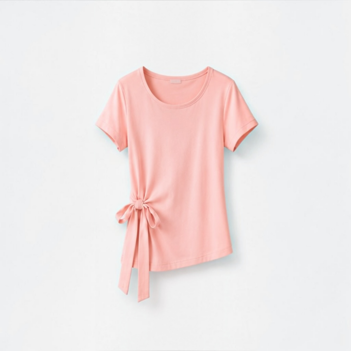 Joyjocey Side-Tie Cotton Top in pink with a round neckline, short sleeves and adjustable waist tie, product front view.