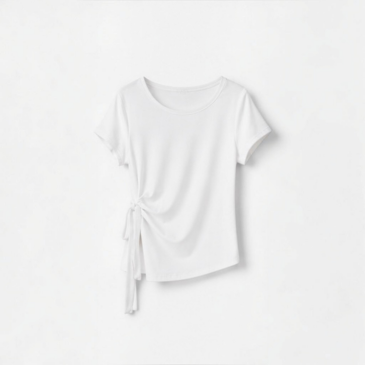 Joyjocey Side-Tie Cotton Top in white with a round neckline, short sleeves and adjustable waist tie, product front view.