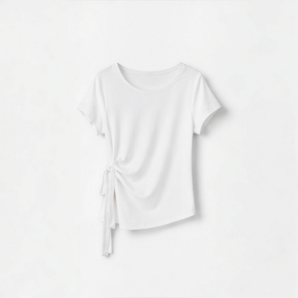 Joyjocey Side-Tie Cotton Top in white with a round neckline, short sleeves and adjustable waist tie, product front view.
