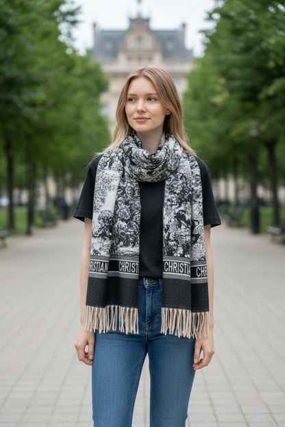 Elegant Black & White Printed Scarf with Fringe
