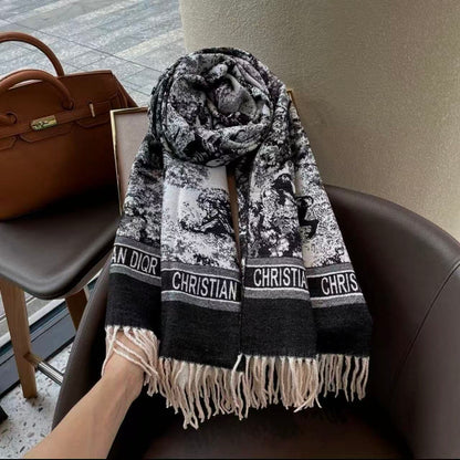 Elegant Black & White Printed Scarf with Fringe