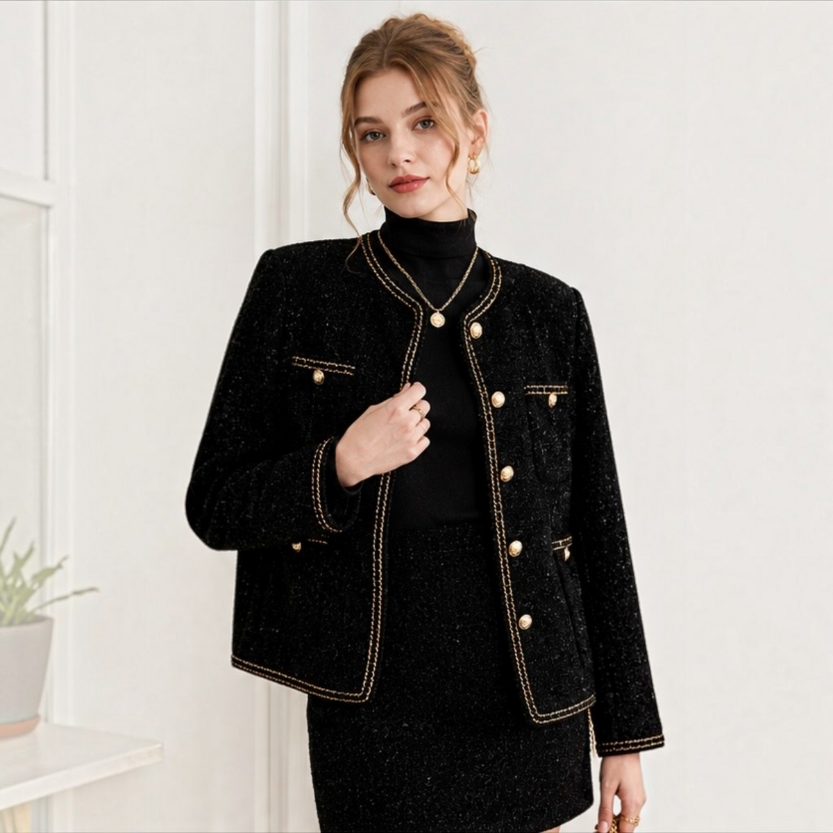 Black Wool Blend Tweed Jacket with Gold Chain Trim