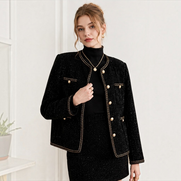 Black Wool Blend Tweed Jacket with Gold Chain Trim