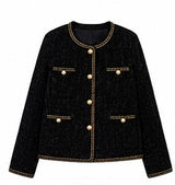 Black Wool Blend Tweed Jacket with Gold Chain Trim