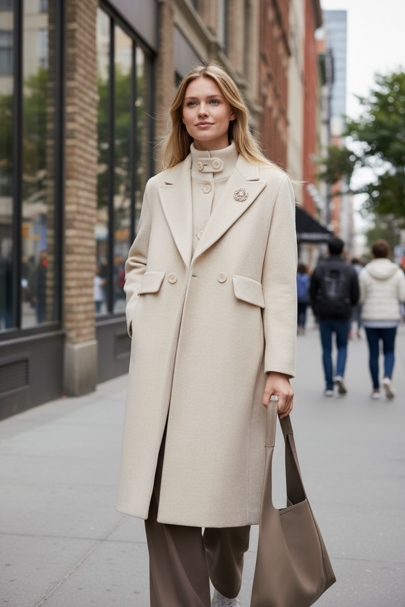 Down-Lined Long Wool Coat - Including Matching Vest