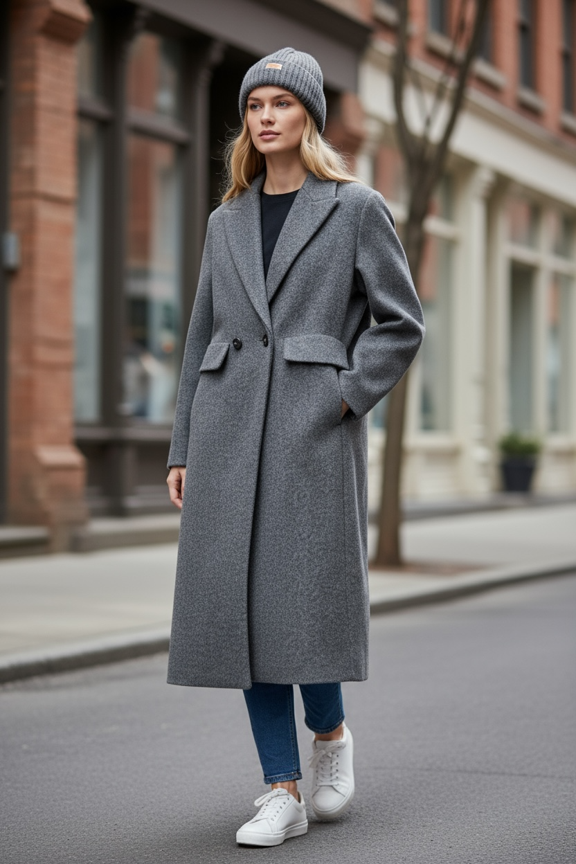 Down-Lined Long Wool Coat - Including Matching Vest