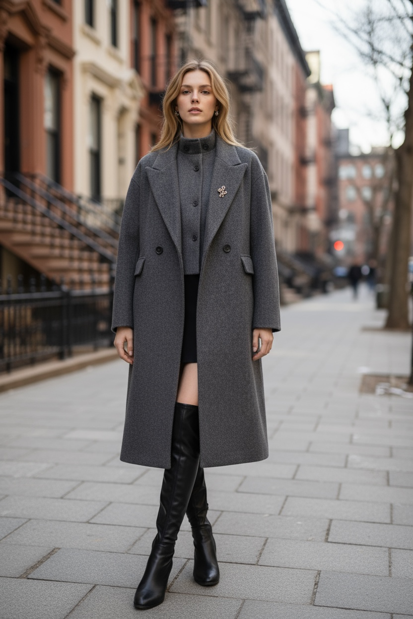 Down-Lined Long Wool Coat - Including Matching Vest