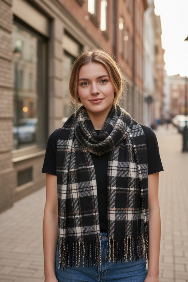 Long Plaid Winter Scarf - Black