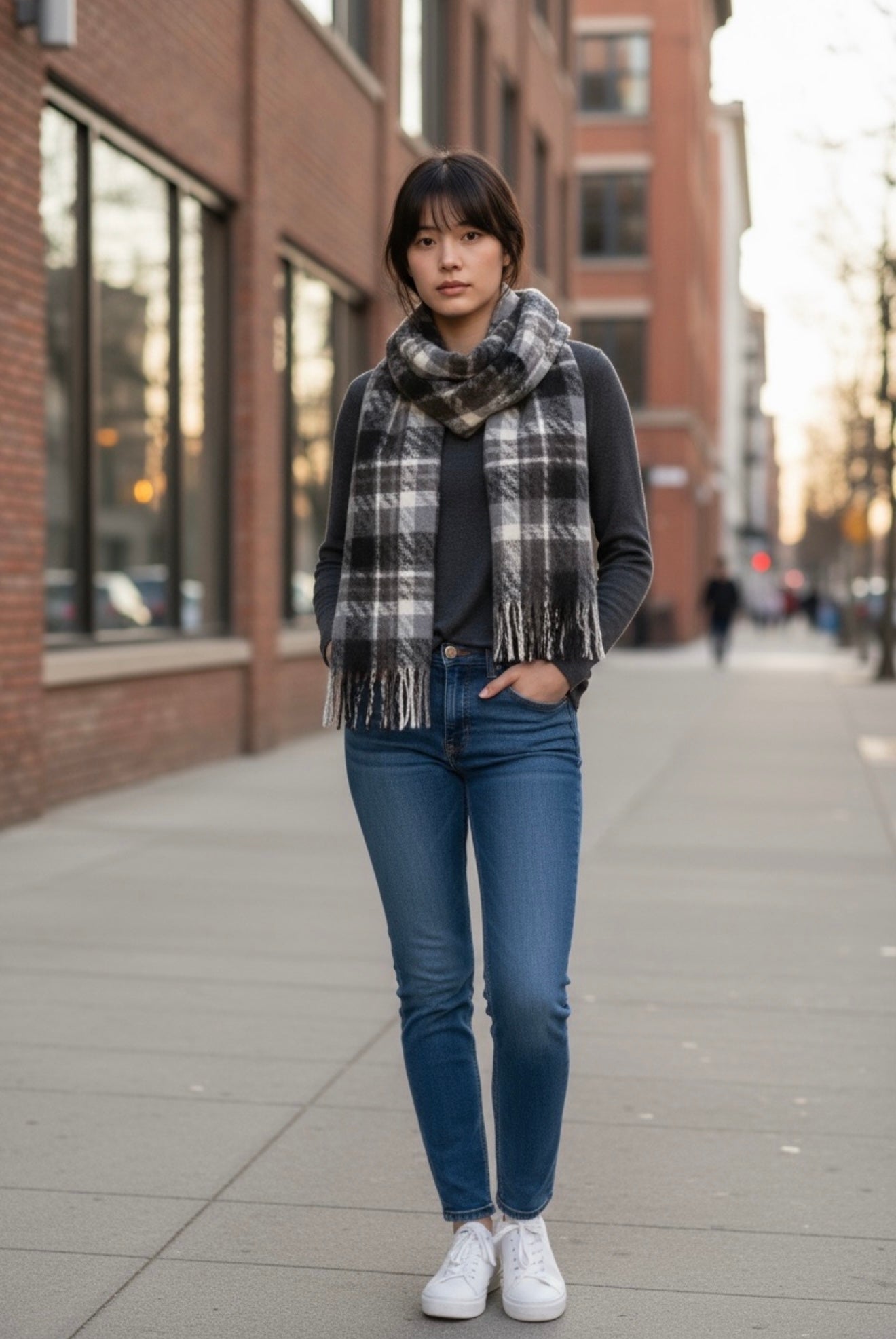 Long Plaid Winter Scarf - Black