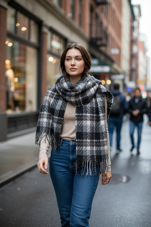 Long Plaid Winter Scarf - Black