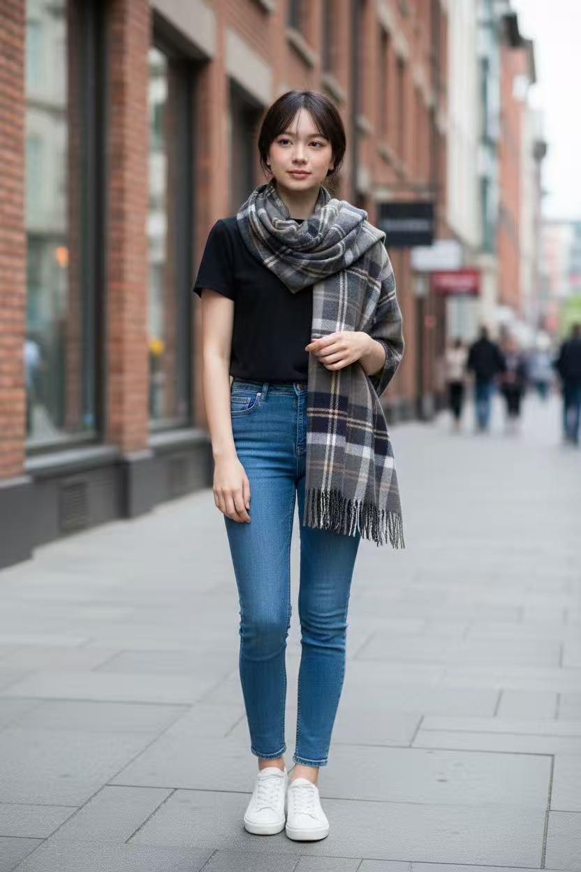 Long Plaid Winter Scarf - Black