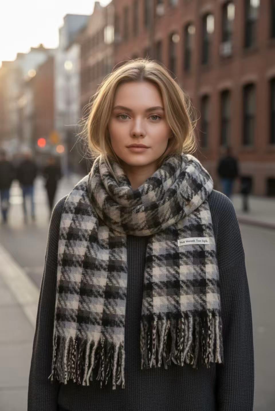 Long Plaid Winter Scarf - Black