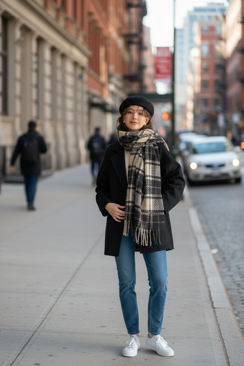 Long Plaid Winter Scarf - Black