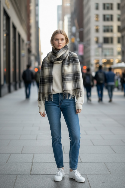 Long Plaid Winter Scarf - Black