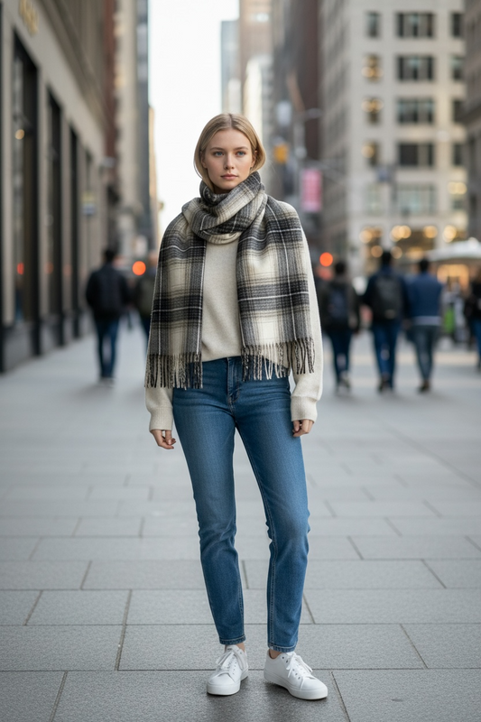 Long Plaid Winter Scarf - Black