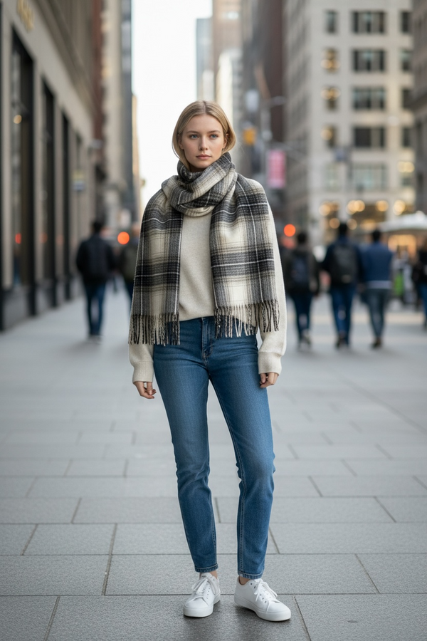 Long Plaid Winter Scarf - Black