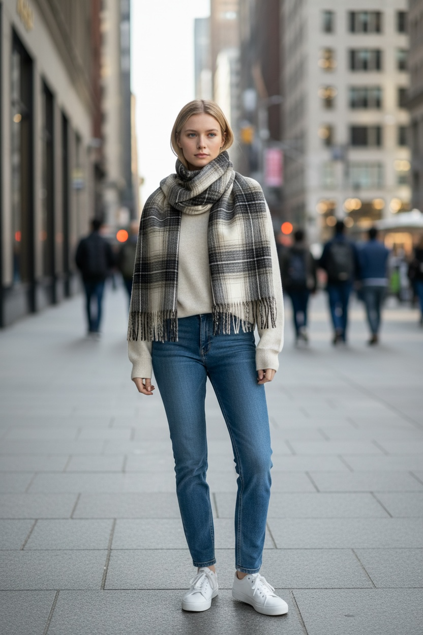 Long Plaid Winter Scarf - Black