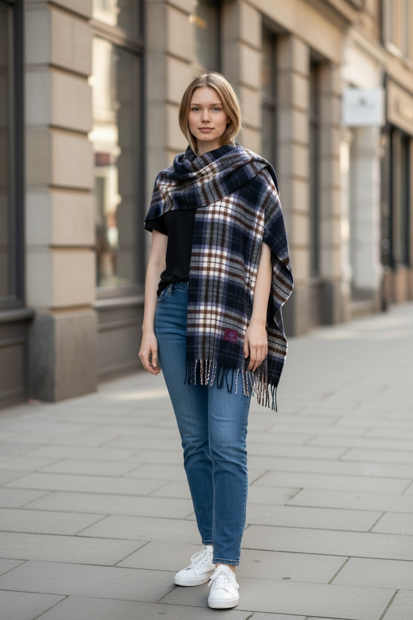 Long Plaid Winter Scarf - Black