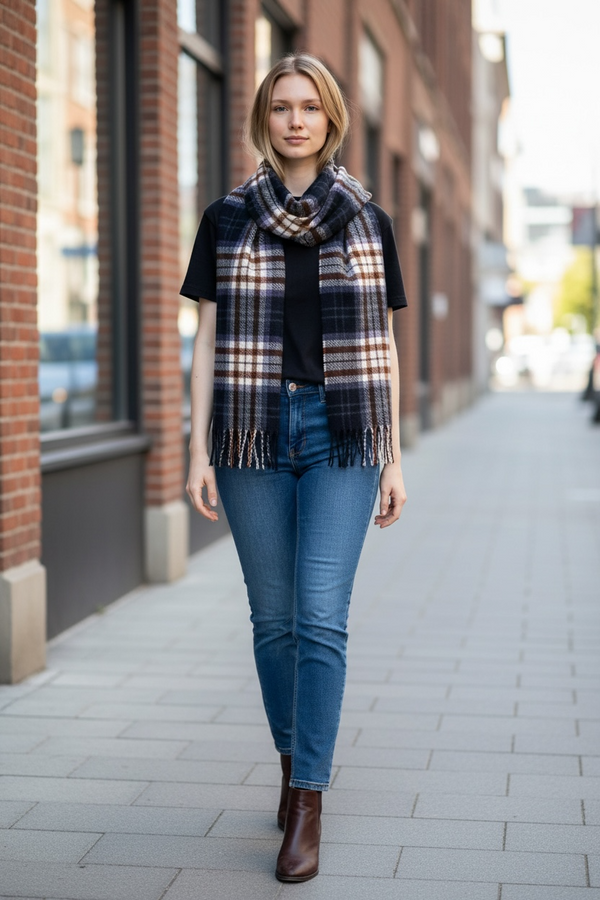 Long Plaid Winter Scarf - Black