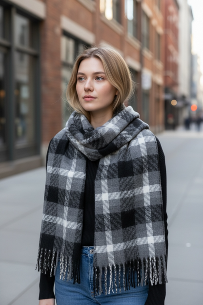 Long Plaid Winter Scarf - Black