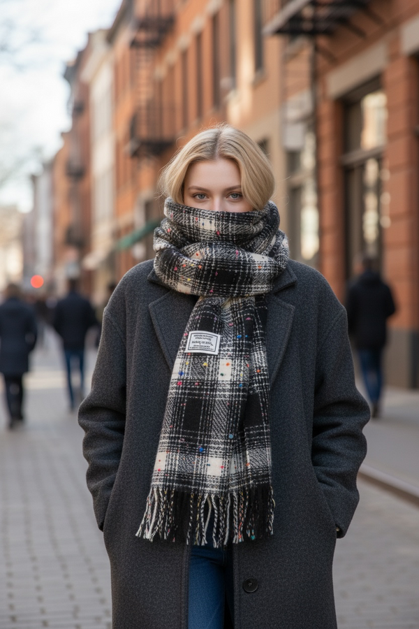 Long Plaid Winter Scarf - Black