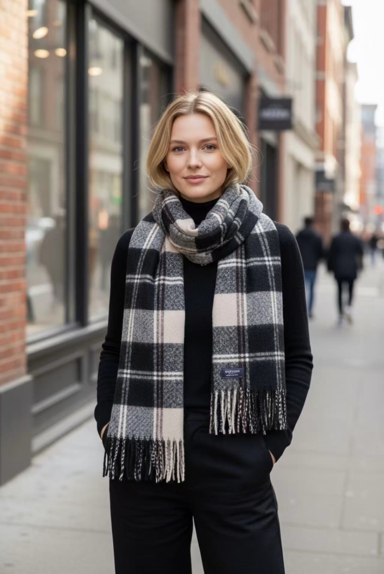 Long Plaid Winter Scarf - Black