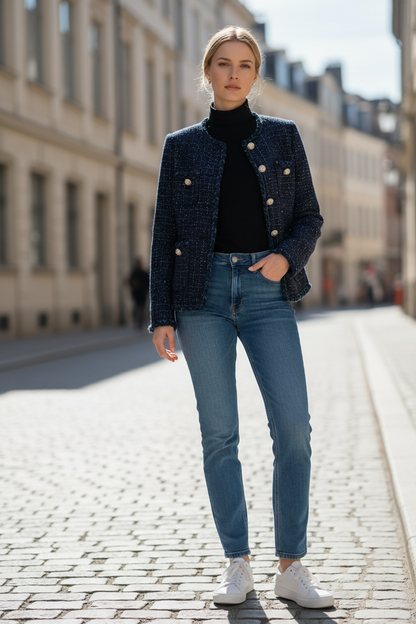 Navy Wool-Blend Tweed Button Jacket