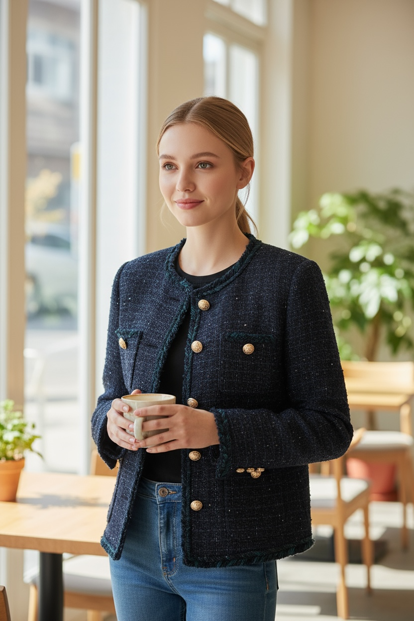 Navy Wool-Blend Tweed Button Jacket