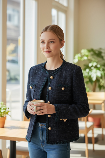 Navy Wool-Blend Tweed Button Jacket