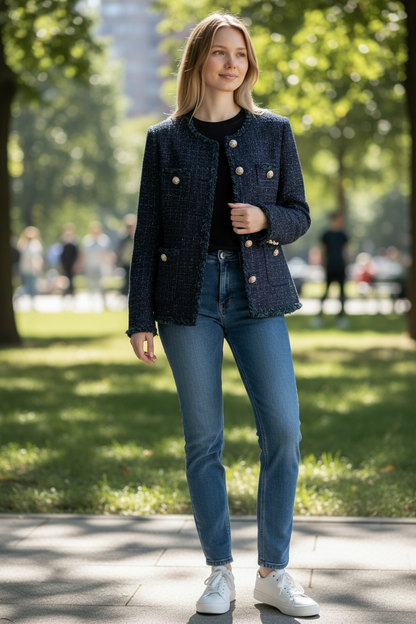 Navy Wool-Blend Tweed Button Jacket