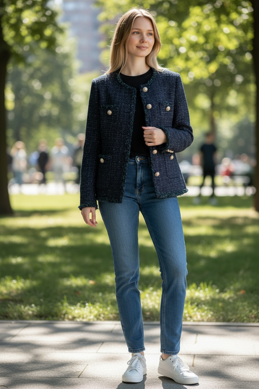 Navy Wool-Blend Tweed Button Jacket by Joyjocey - view 5 of 6
