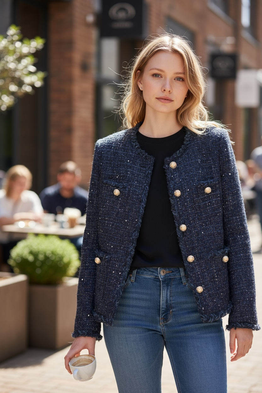 Navy Wool-Blend Tweed Button Jacket