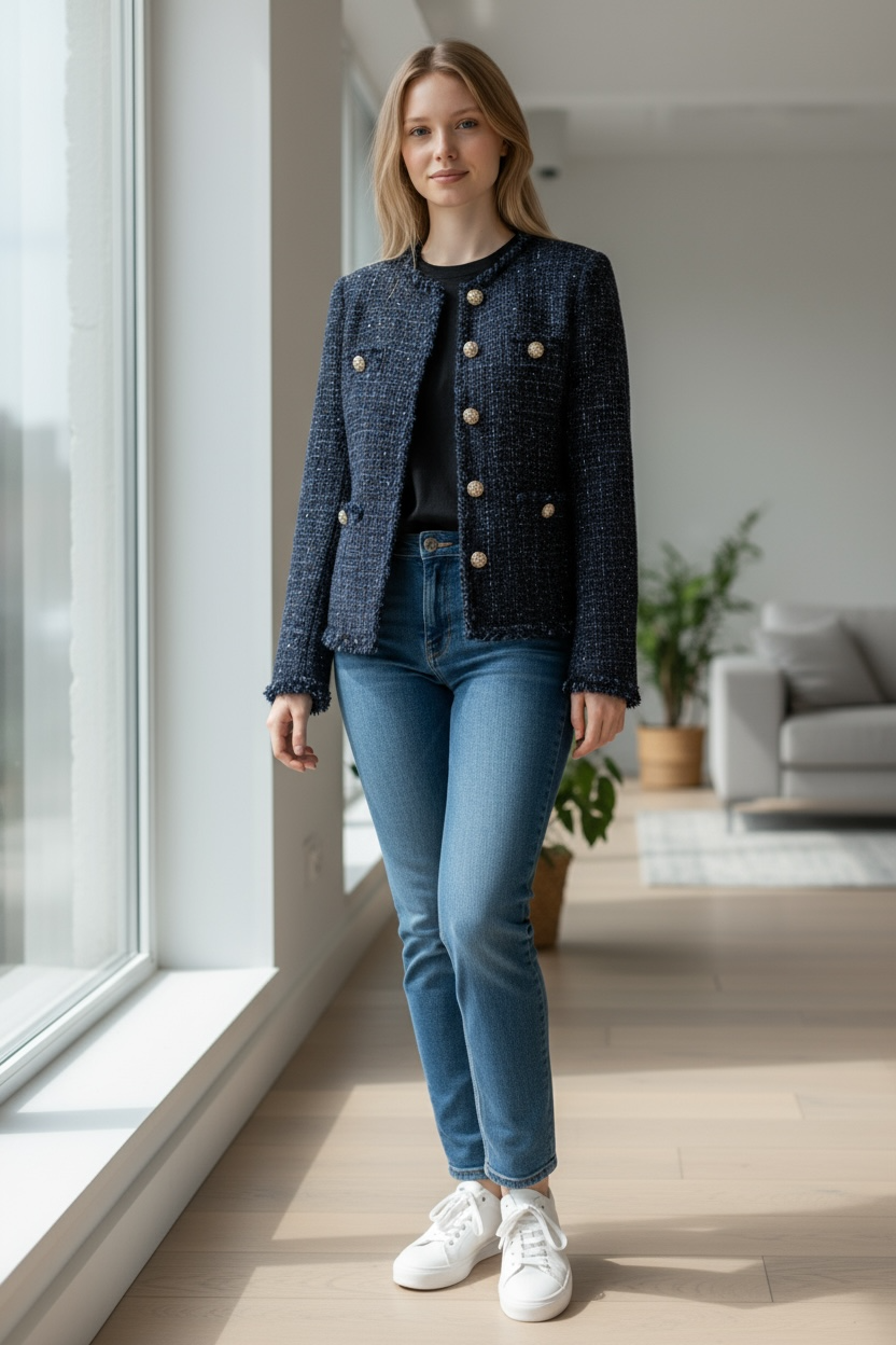 Navy Wool-Blend Tweed Button Jacket