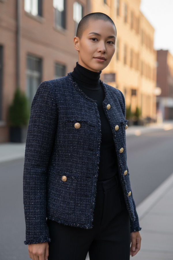 Navy Wool-Blend Tweed Button Jacket