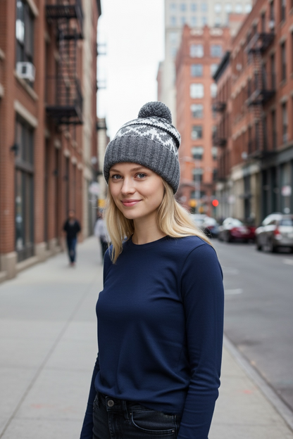 Fleece-lined Nordic Knit Pom Beanie